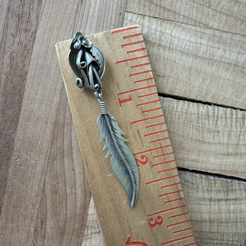 VTG Navajo George Begay‎ Clip Earrings 2.75 Inch Blossom Feather Sterling 11.2g